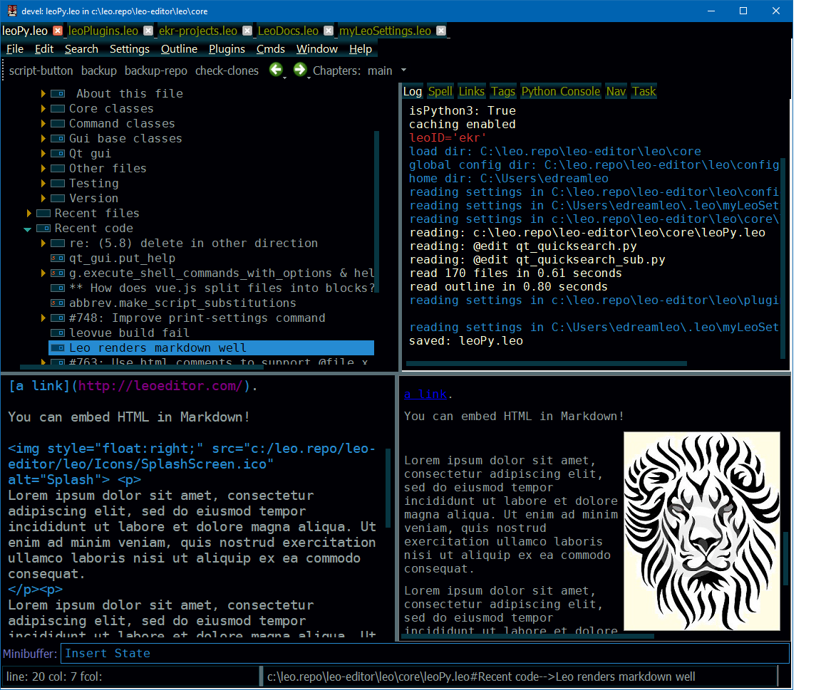 Leo showing an outline beside an editor pane